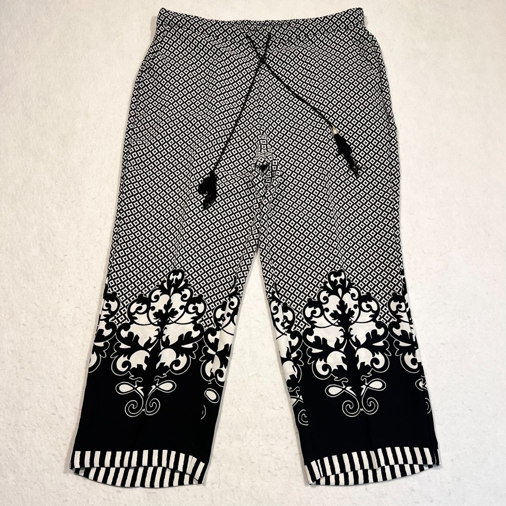 Chico's Wide Leg Ankle Pants Black Geometric Pockets Pull On 2P Petite US 12P